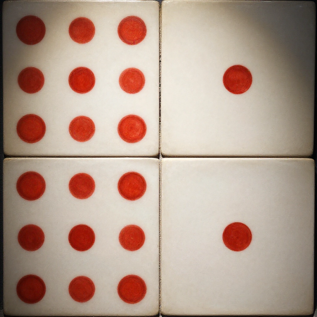 closeup of supreme heaven civil tile twelve radiant red dots forming celestial pattern next to humble earth tile two red dots symbolizing ancient cosmology soft spotlight highlighting intricate bone texture
