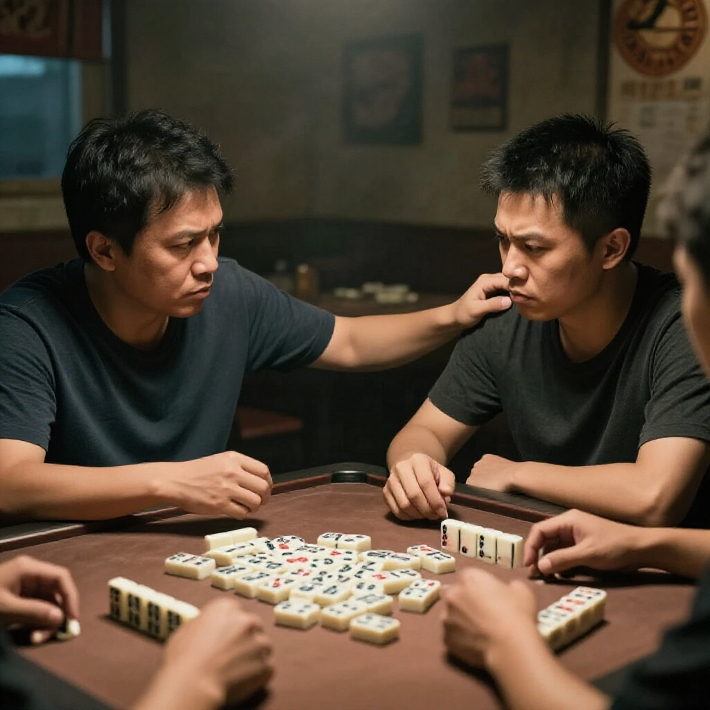 Dramatic Taiwanese Pai Jiu table tension as player pats opponent shoulder breaking taboo sparking angry glares amid scattered domino tiles cash stacks and dim smoky tavern atmosphere