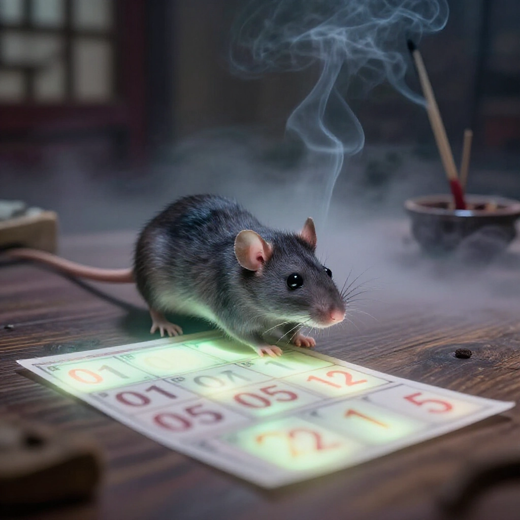 mysterious gray rat scurrying near glowing lottery numbers 01 05 12 15 on wooden table in dimly lit taiwanese room with incense smoke and dreamlike fog