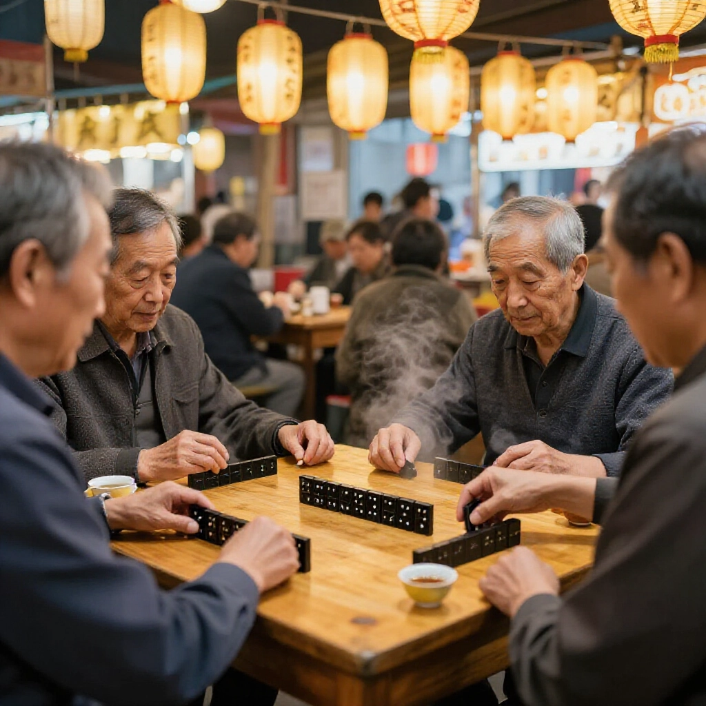 Taiwanese night market scene with elderly players huddled around wooden table intensely shuffling 32 black domino Tianjiu Pai tiles under glowing lanterns with focused expressions and steaming tea cups nearby
