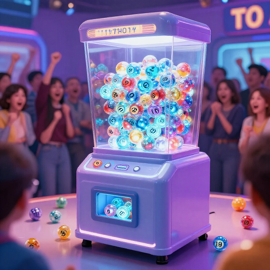lottery drawing machine extracting glowing special number ball from remaining spheres in bright studio with excited viewers and colorful numbered balls scattered