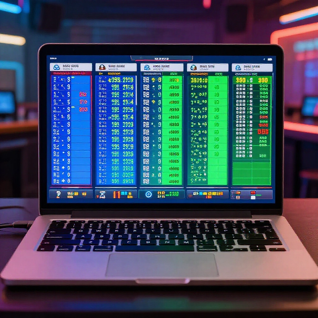 vibrant digital table on laptop screen showing 2 to 5 pillar grids with branch counts and total combos in blue green tones modern betting room atmosphere
