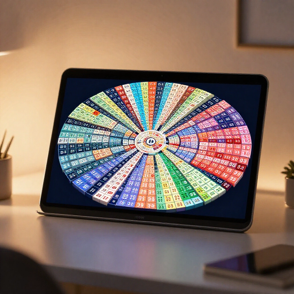 Digital screen showing lottery numbers in a rotating matrix with colorful blocks and minimal bet combos in a modern workspace under warm light