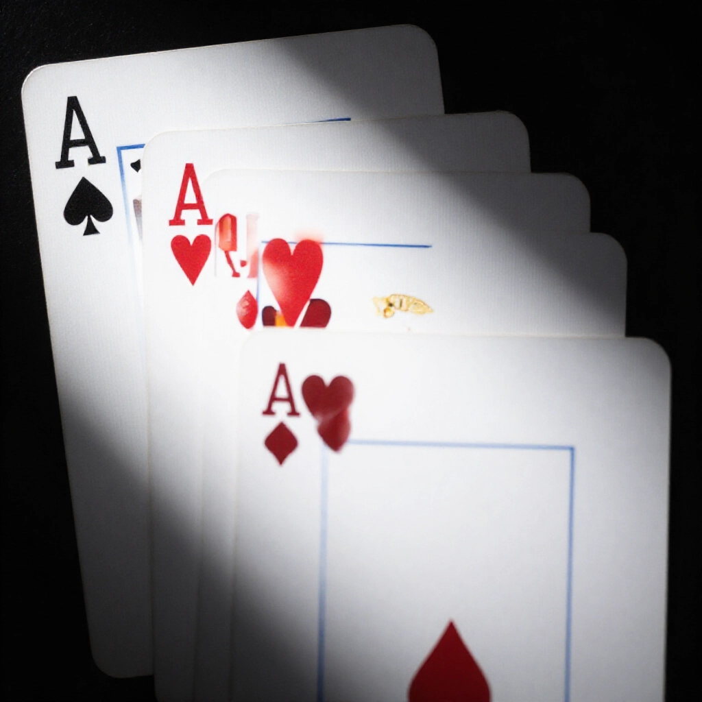closeup of poker cards arranged in descending order spade two largest then heart ace diamond king down to club three with dramatic shadows emphasizing hierarchy