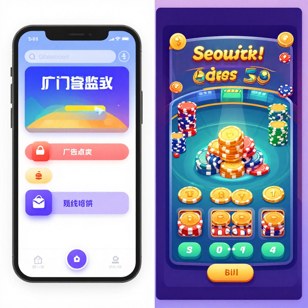 Split screen illustration showing taskbased apps on one side with ads and points versus casino games with betting chips and coin exchanges on vibrant digital interface