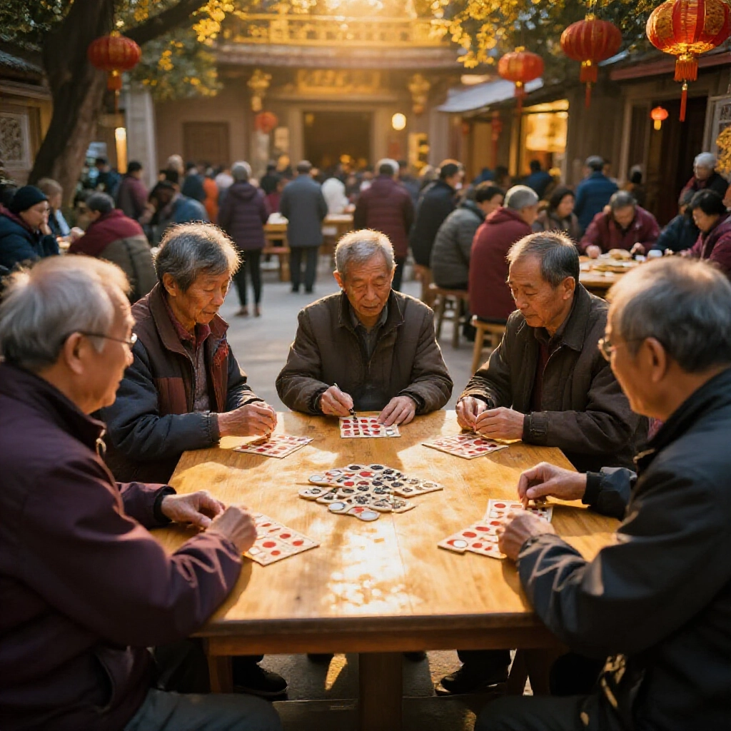 elderly Taiwanese players gathered around a wooden table in a lively temple courtyard during Lunar New Year festival warm golden lantern light casts shadows on scattered rectangular bone tiles evoking traditional black grain culture