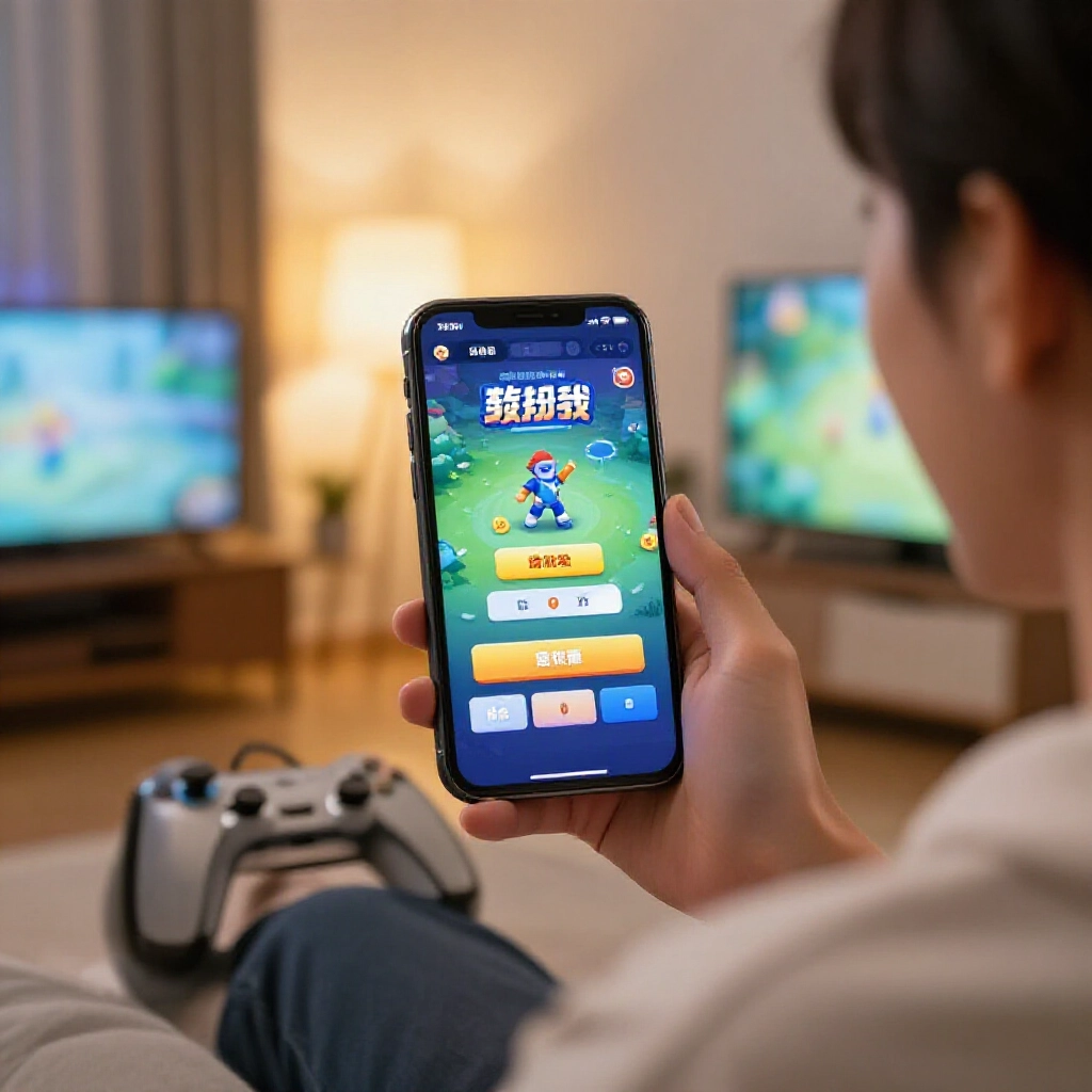 Taiwanese smartphone user smiling at screen displaying game rewards convertible to cash in modern living room with warm ambient lighting and casual gaming setup