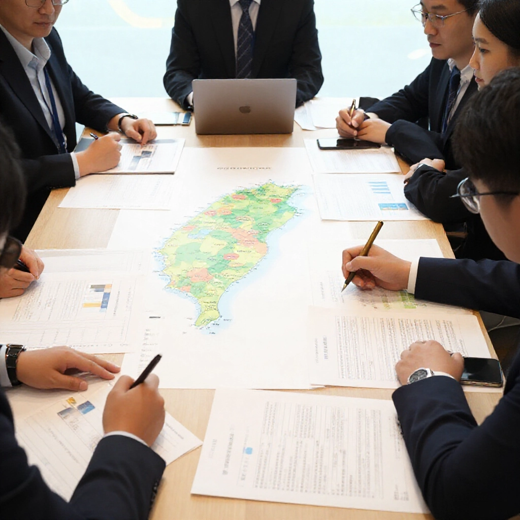 會議桌上比較代理與經銷差異的圖表,旁邊有台灣地圖、日本家電定價文件與行銷計畫,專業團隊討論中