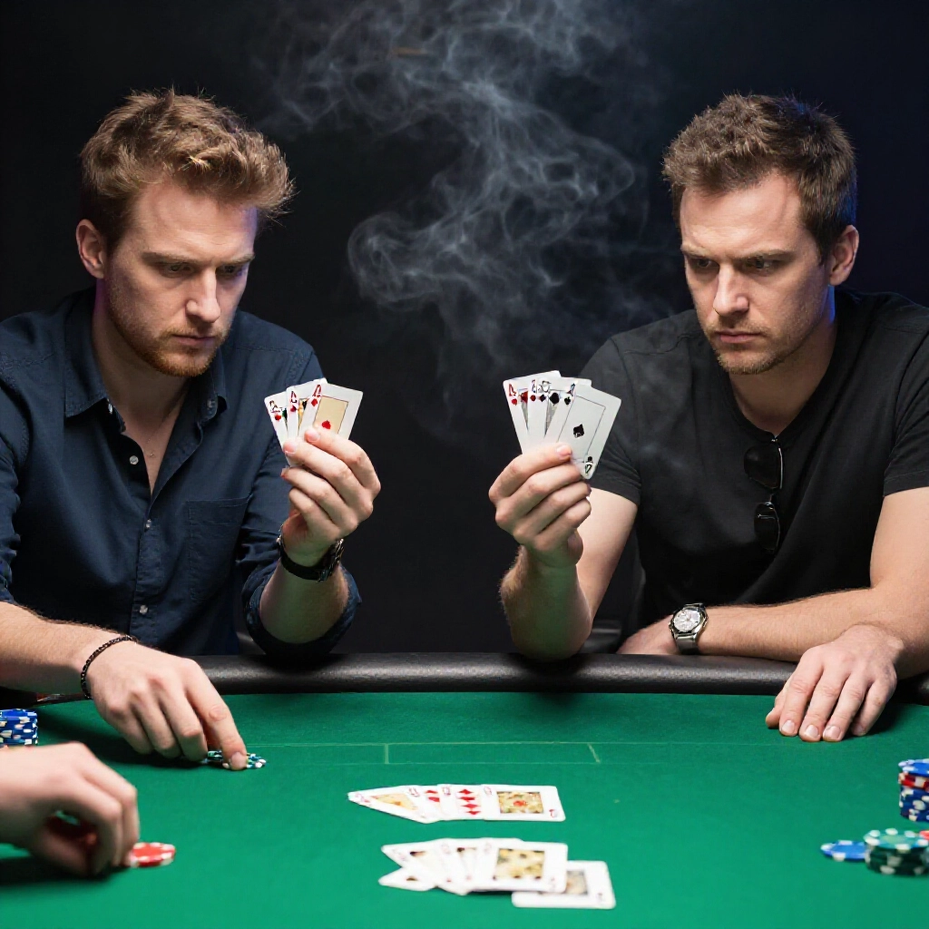 Two intense players debating straights one displays A2345 cards another shows 23456 on green felt table smoky atmosphere chips scattered tense expressions focused eyes