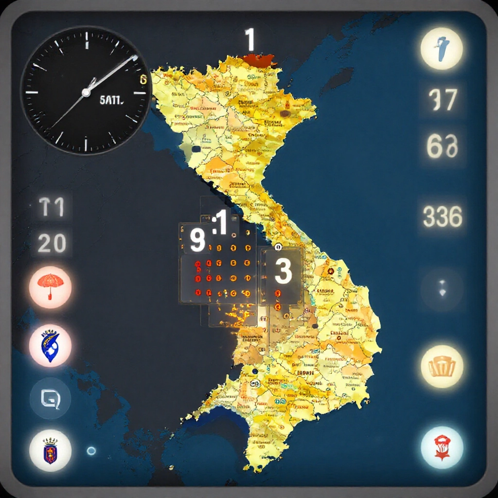 Modern clock interface showing Taiwan time 515pm overlaid on map of Vietnam provinces with animated lottery numbers scrolling and official website icons glowing softly