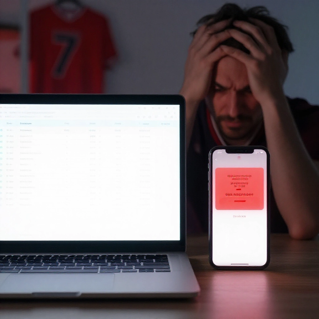 laptop and phone side by side displaying transaction history and error notification dim evening light frustrated user scratching head sports jersey in background subtle red warning hues