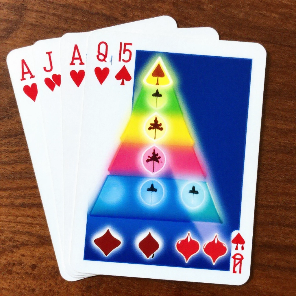 Vibrant card layout showing straight flush strongest then iron branch full house flush straight in colorful poker suits glowing hierarchy with shadows on weaker hands wooden table background