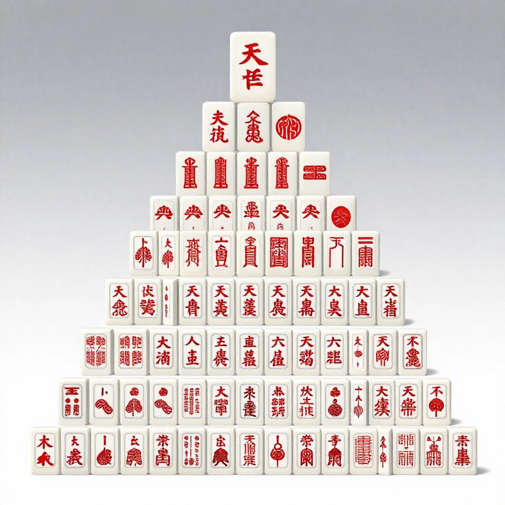 hierarchical pyramid illustration of Tianjiu Pai tiles with civil tiles at apex showing heaven earth man symbols in bold red pips descending to military tiles sorted by unique pip counts on a clean gradient background