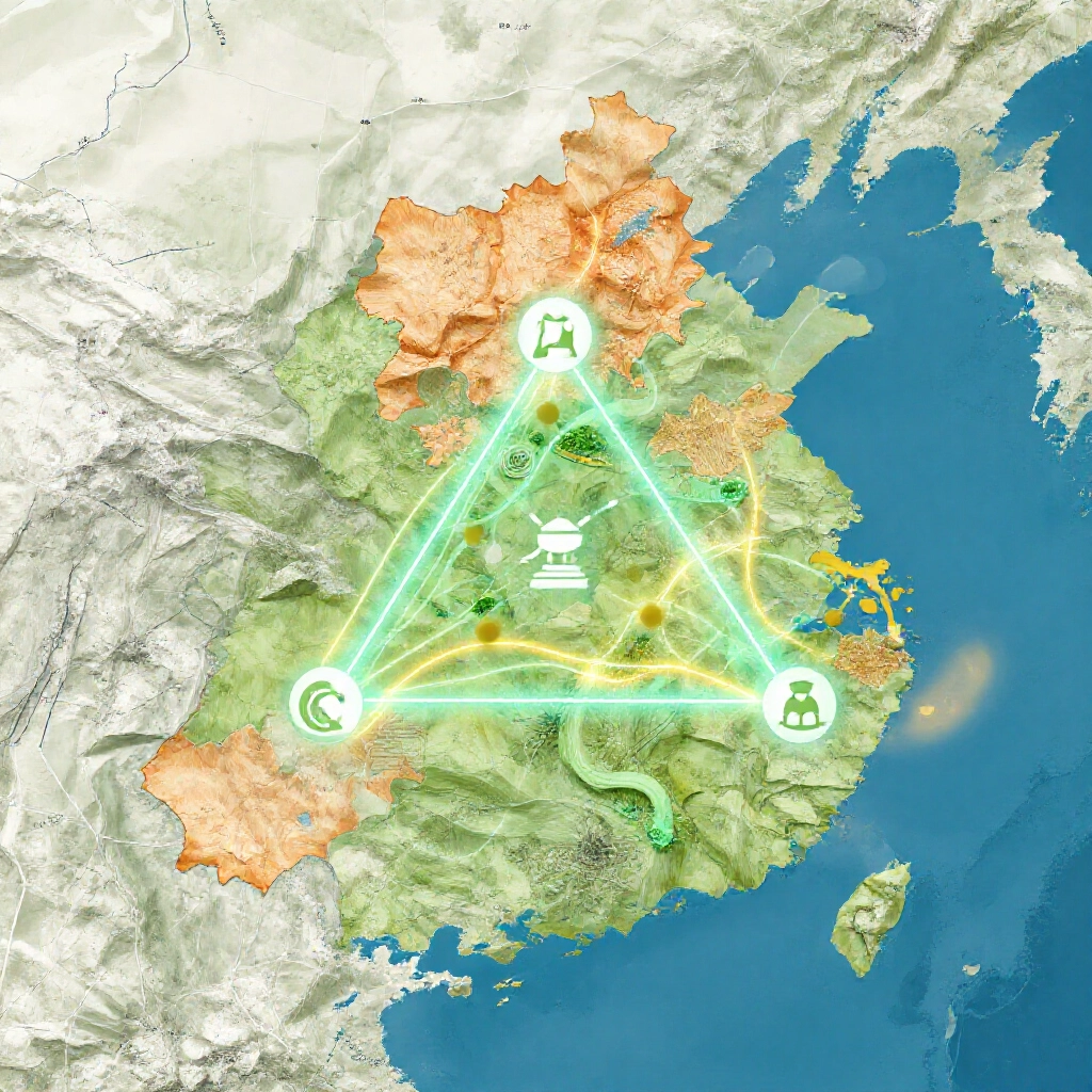 stylized map of Chiayi region showing city district coastal east stone and global networks with symbolic icons of three key figures forming a stable triangle vibrant earth tones connected by glowing resource flow lines