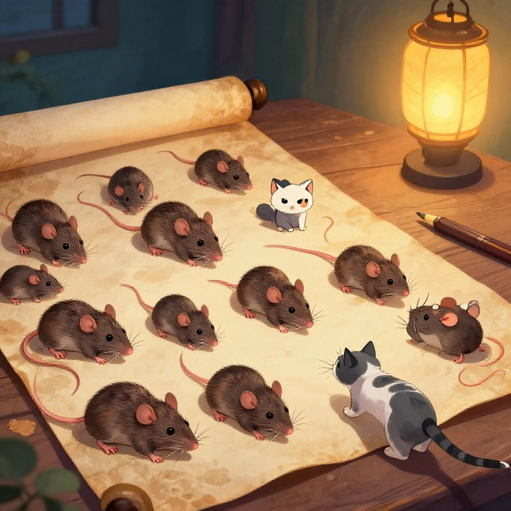 table of dream scenarios with rats in various situations like dead rat group of rats cat chasing mouse illustrated in vibrant colors on ancient scroll under soft lantern light