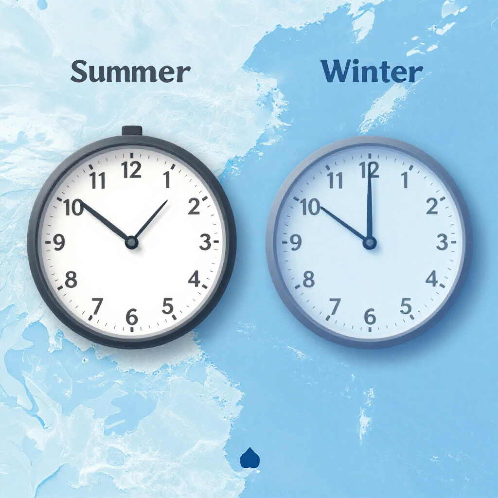 Calendar illustration showing summer and winter time switches with clocks shifting one hour Pacific Time lottery draw clock pointing to evening Taiwan side morning hours clear visual time zone map overlay serene blue tones