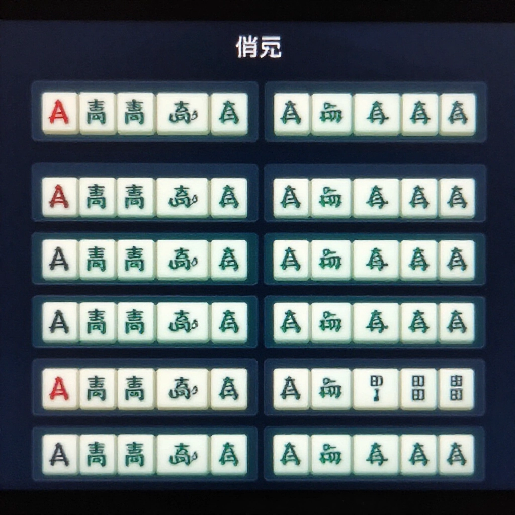 四連萬牌的複雜拆解,顯示多個聽牌點,用固定對子法在暗黑模式螢幕上,高亮標註進階清一色策略