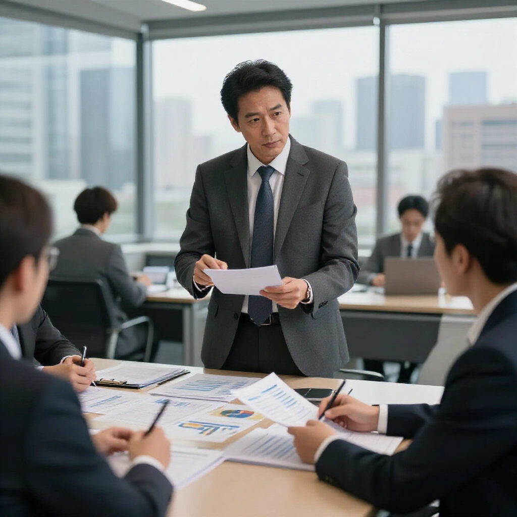 辦公室裡的精明男子俯瞰城市天際線，審視商業圖表，散發冷靜權威的現代幫派談判氣息