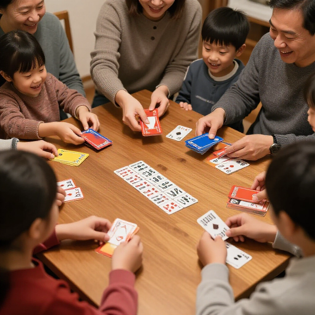台灣家庭圍著木桌,莊家分發窄長四色牌給玩家,莊家21張閒家20張,溫暖室內燈光照著手跟興奮表情