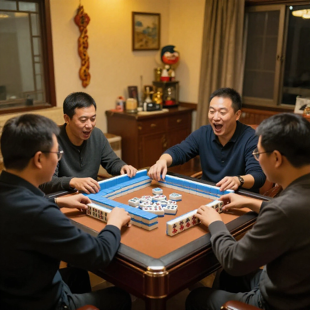 四位玩家圍坐在溫暖客廳的台灣麻將桌前,有人興奮抓起上家丟的牌湊成順子,紅藍瓦片鮮明,大家表情專注