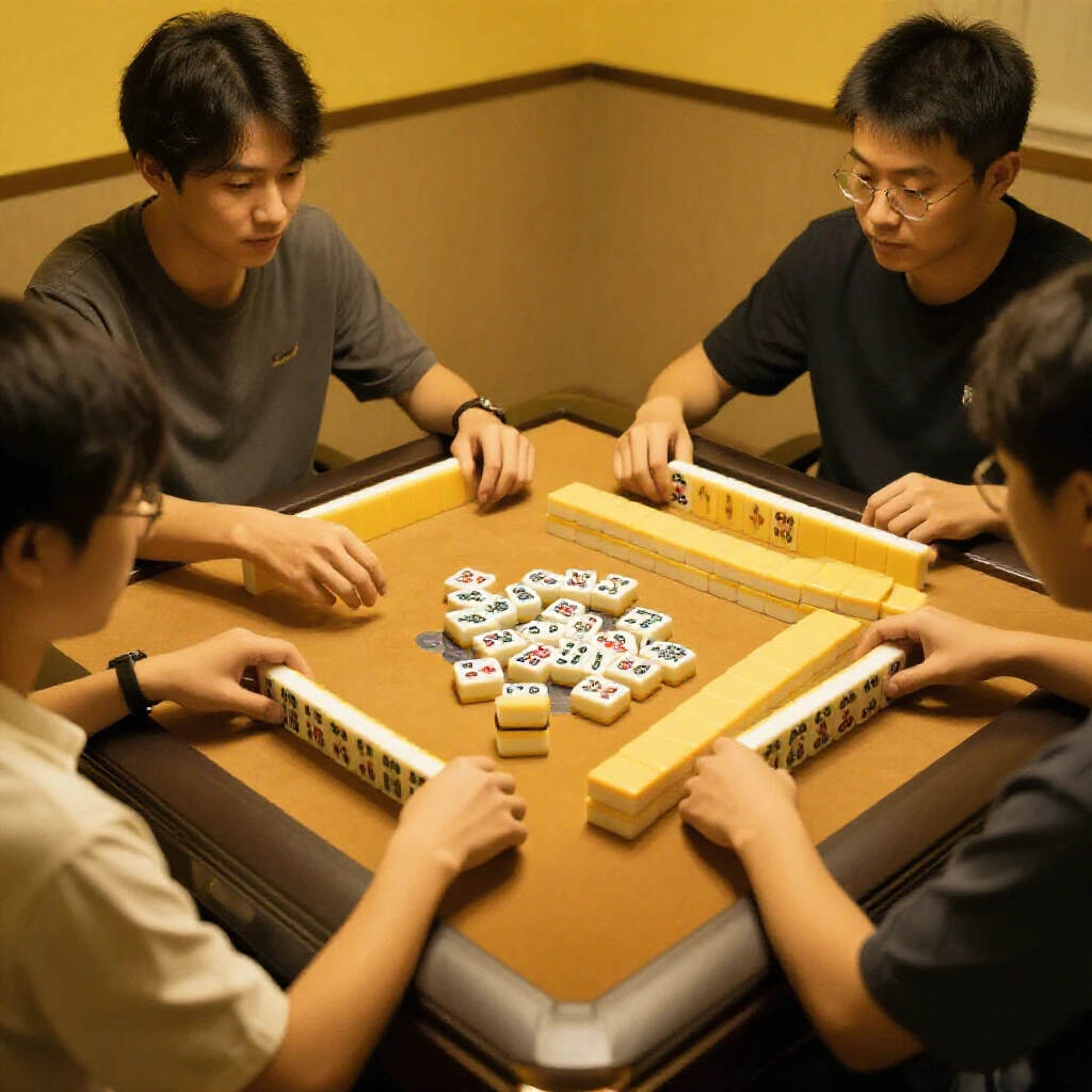 台灣麻將桌前四人聚精會神湊刻子和將頭,氣氛熱烈,暖黃燈光灑落木質牌面