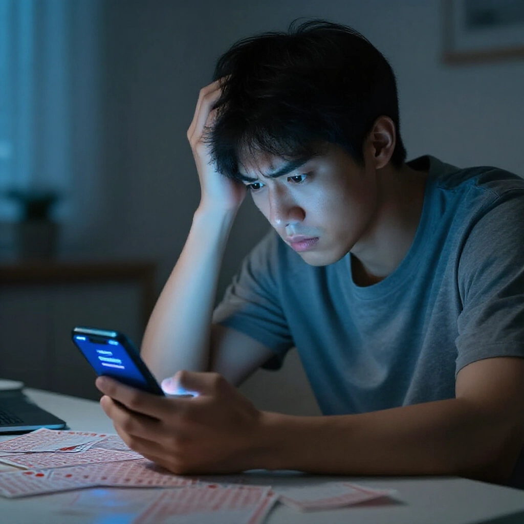 年輕男子盯著手機螢幕,顯示提款審核中狀態,桌上散落樂透券,房間昏暗手機藍光照亮焦慮表情
