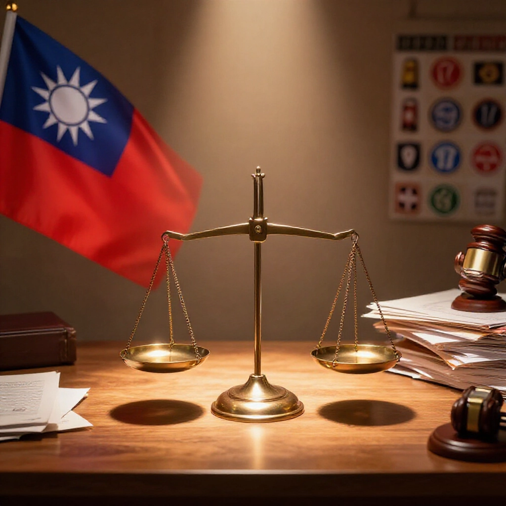 莊嚴木桌上擺天平、台灣國旗與法律文件，旁邊娛樂城圖示，暖光聚焦營造深思權威氣氛