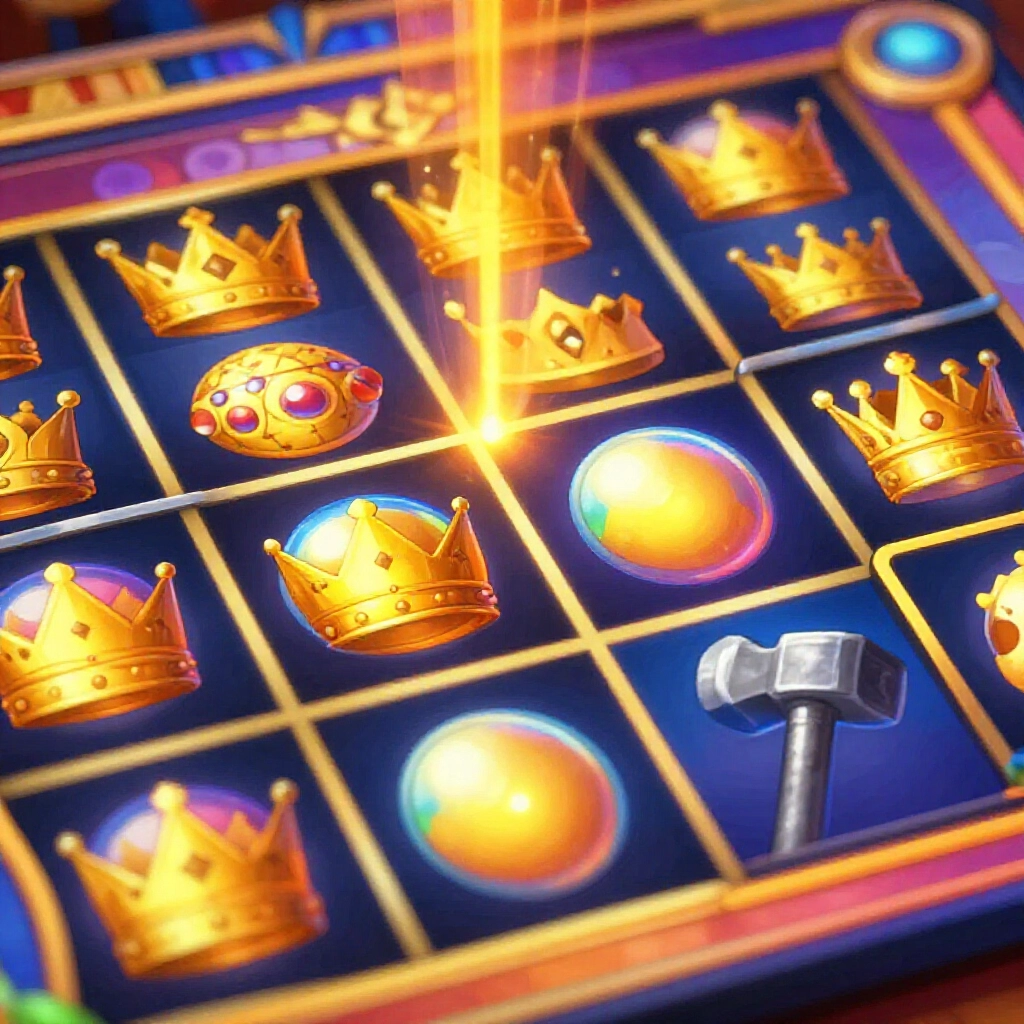 Slot game symbols like golden crowns, colorful multiplier orbs, and Thor's hammer scatters on a lively board with smooth falling effects