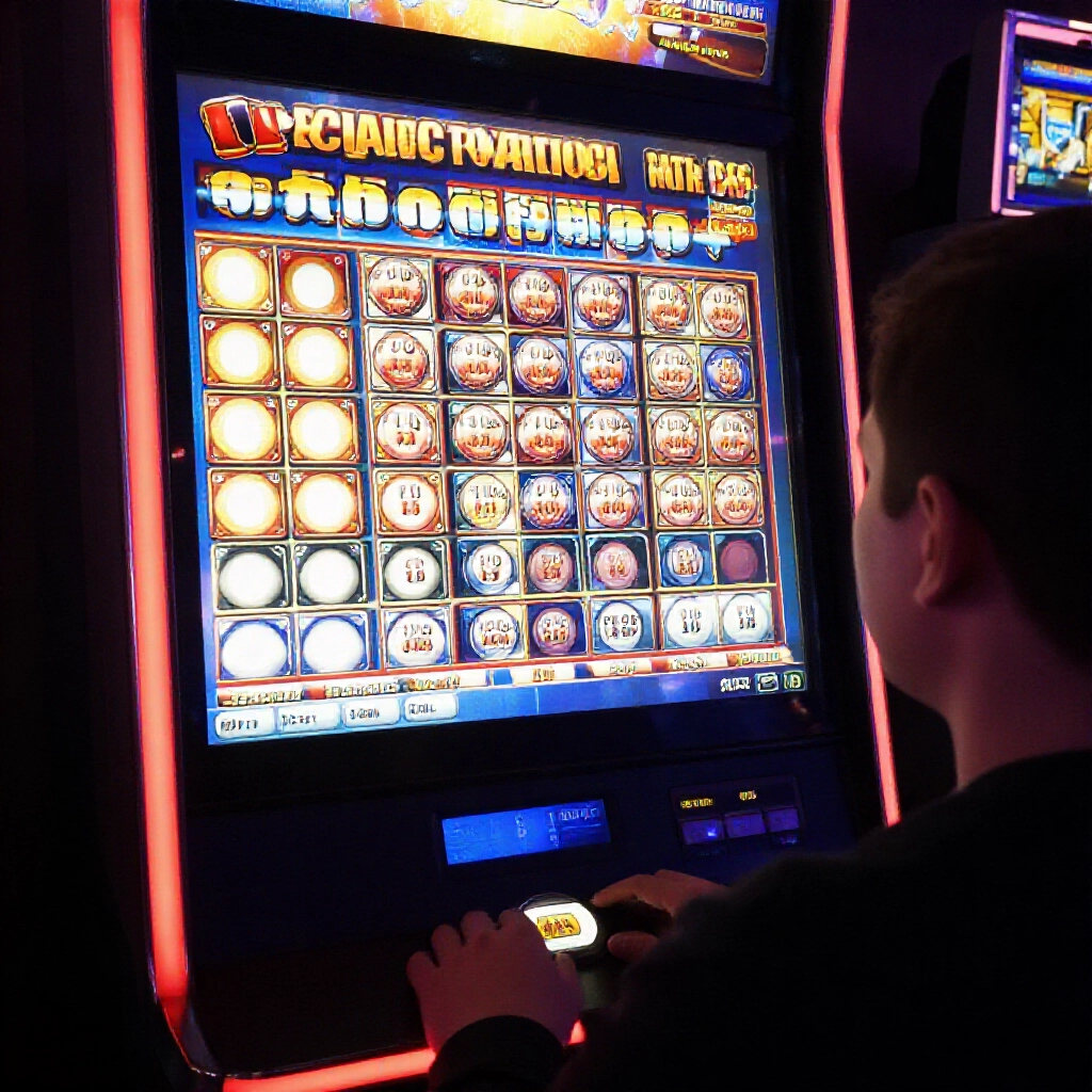 Player watching slot screen with small wins piling up and multiplier orbs dropping, hinting at a big payout soon in a casino glow