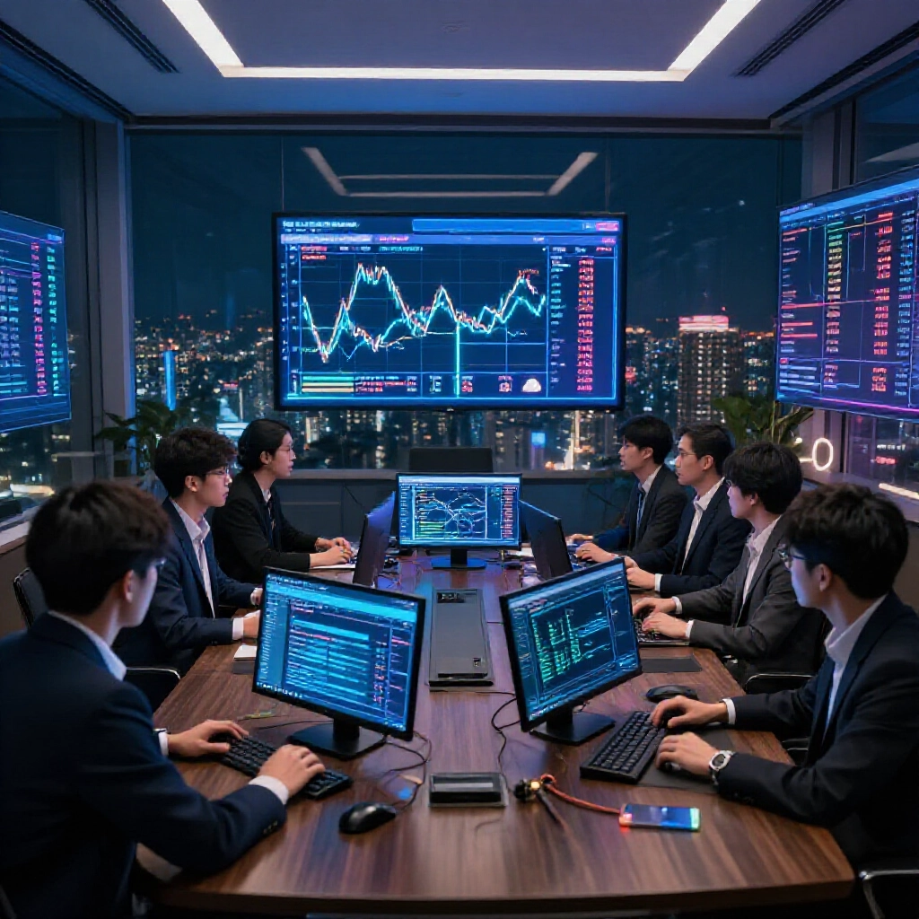Dynamic Taiwanese business meeting room filled with glowing stock charts comparing market values and R&D pipelines for leading game companies like Hu Xiang Electronics in neon lit Taipei night skyline