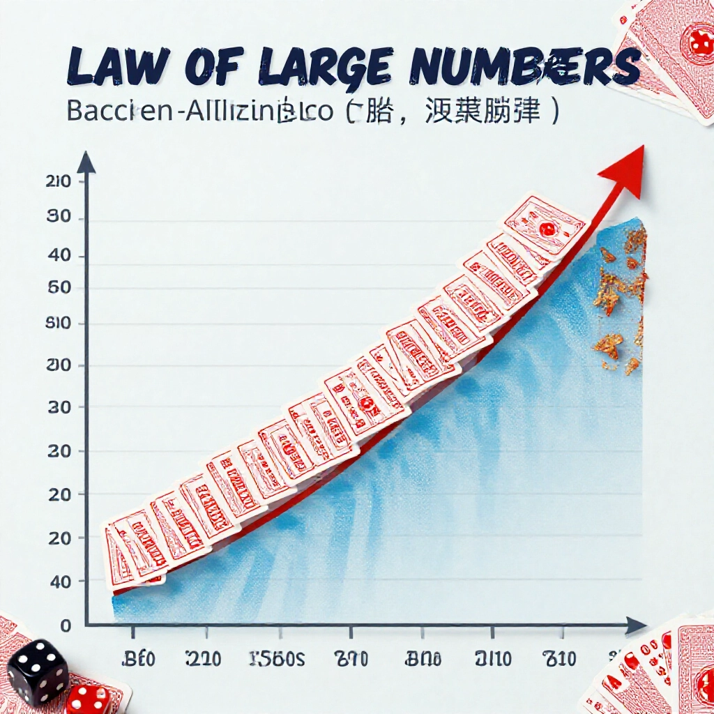 百家樂大數法則資訊圖,顯示隨機結果隨投注次數趨近莊閒機率,圖上有骰子和撲克牌散落