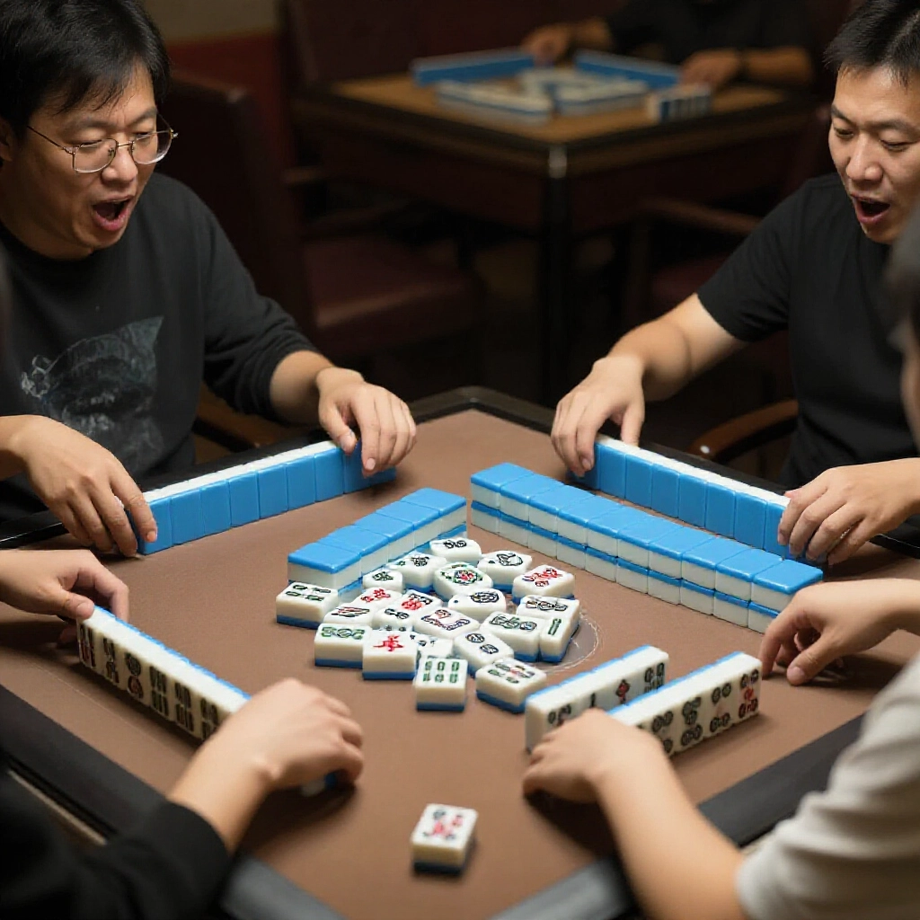 麻將桌邊玩家氣氛緊張,有人喊碰搶刻子壓過吃牌嘗試,手勢激動,燈光昏黃牌散亂