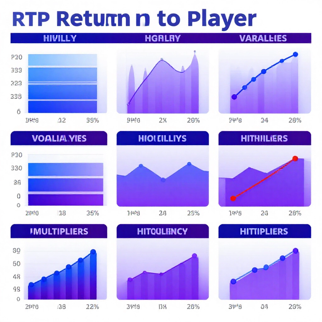 RTP 長條圖、波動率曲線、高低變異範例、倍數命中頻率圖表藍紫調