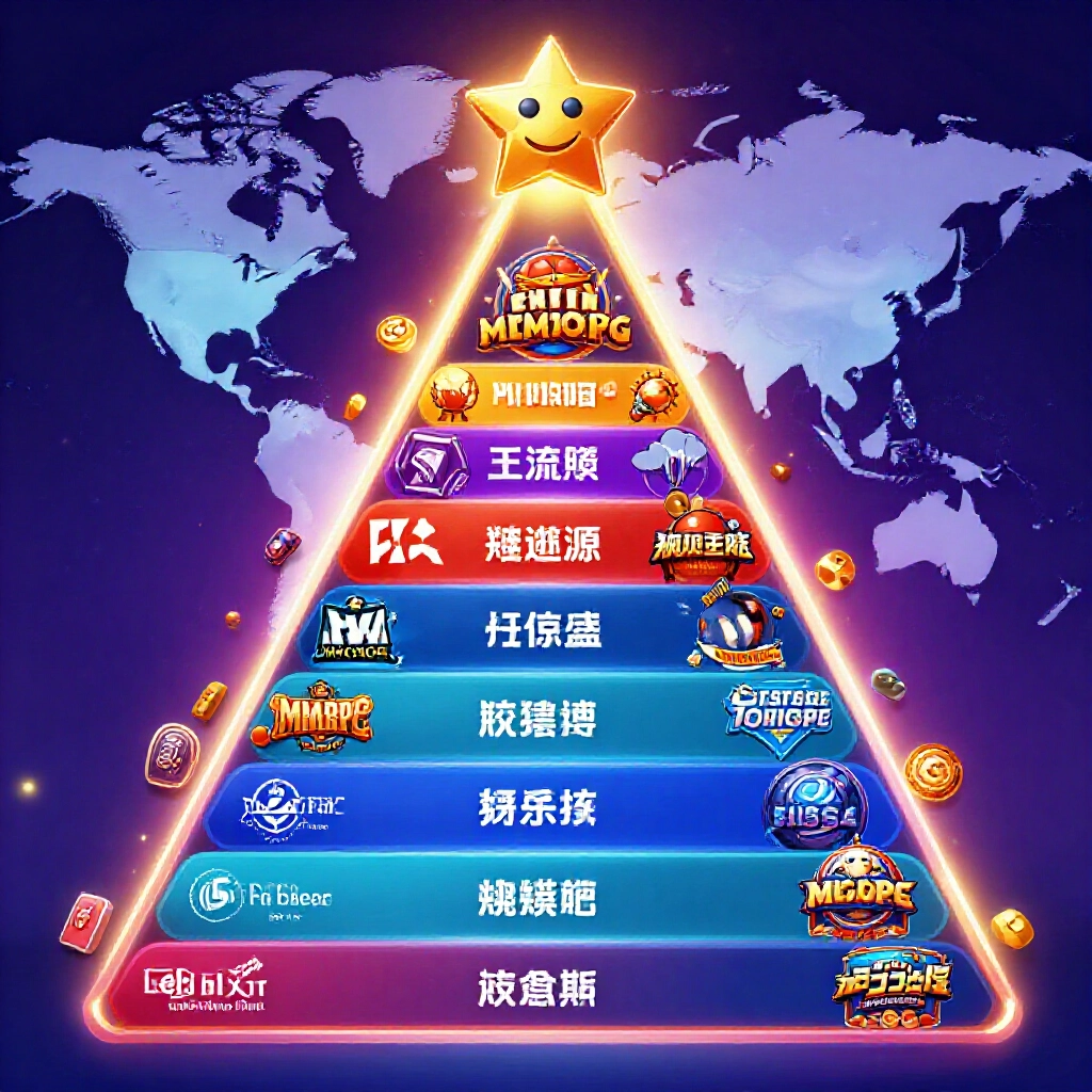 Vibrant pyramid chart of top ten Taiwanese game firms with Hu Xiang at apex radiating casino game lights surrounded by MMORPG icons and global maps highlighting Southeast Asia and Japan expansions