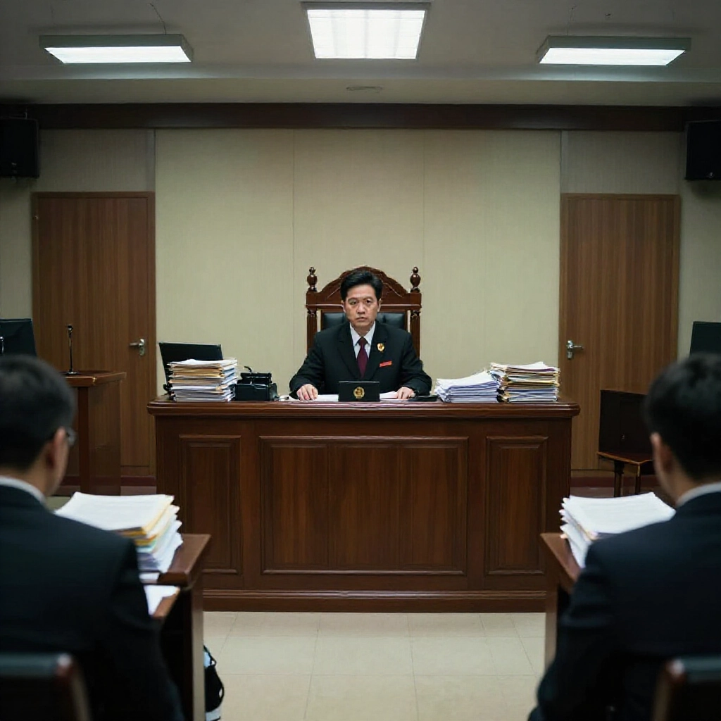 台灣法庭內部緊張氛圍,嚴肅法官坐鎮法檯,周圍堆滿法律文件、穿西裝律師與陰影人物,在刺眼頂燈下營造賭博法訴訟的壓迫感