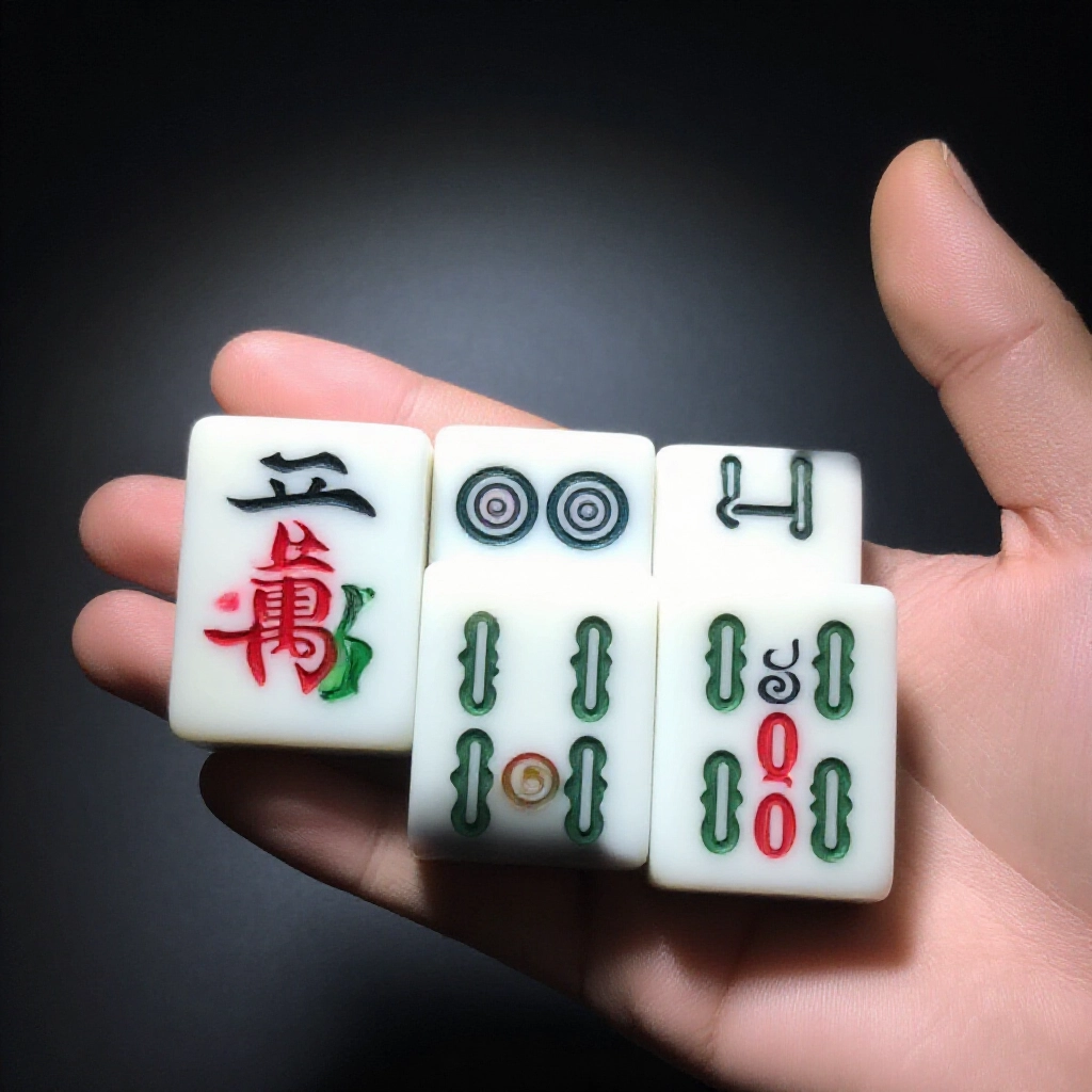 手持四組刻子和將頭的特寫,經典台灣麻將,暗色背景聚光強調純刻子結構