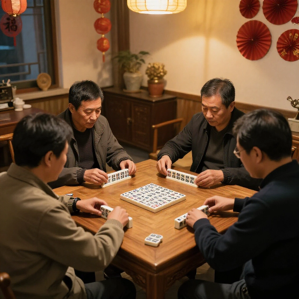四位玩家圍坐在溫馨台灣傳統客廳的木桌前,玩天九牌,桌上散布32張骨牌,燈籠暖光映照專注臉龐,洋溢過年節慶氣氛