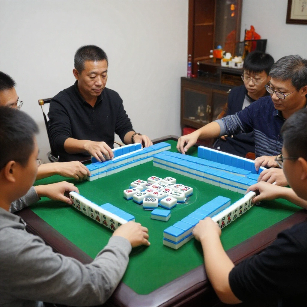 麻將玩家順著牌牆順時針抓牌堆,輪流逆時針進行,手勢流暢不碰撞,傳統牌桌熱鬧