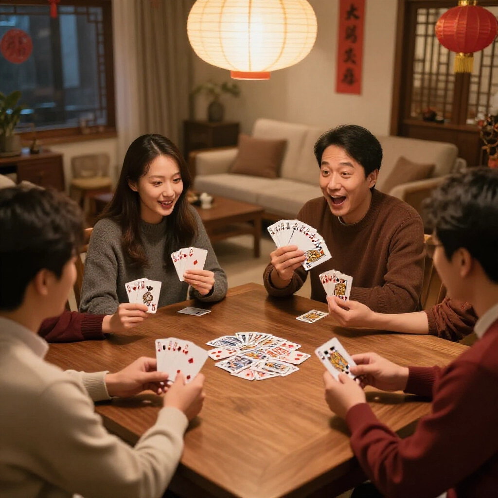 四位玩家在溫馨台灣客廳木桌邊玩牌,過年燈籠暖光下,有人興奮亮出一條龍從A到K的雜色連號牌