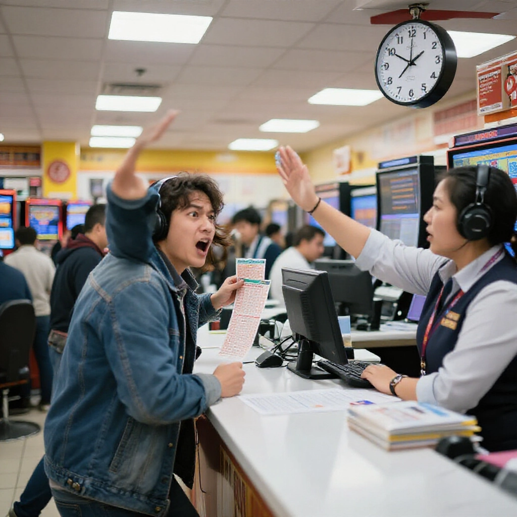 customer rushing back to store counter waving lottery ticket clock ticking under 10 minutes urgent clerk interaction bright fluorescent lights crowded betting shop scene anxious expressions