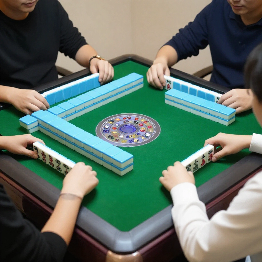 玩家在台灣麻將桌前抽取東南西北風牌,決定座位和莊家,桌上骰子就位,綠氈燈光柔和