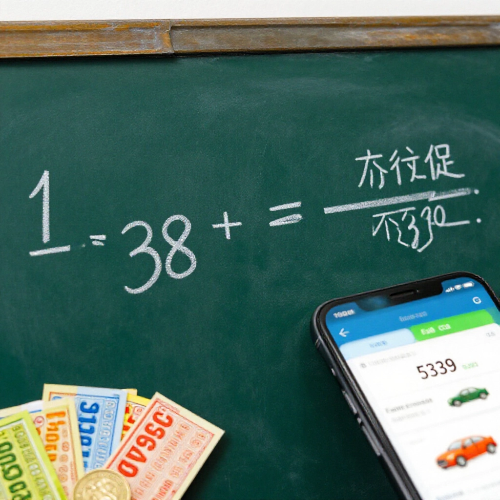 close up view of mathematical formula on chalkboard showing 1 times 38 times point value equals total stake with colorful lottery tickets and coins illustrating 539 full car cost breakdown in modern betting app interface