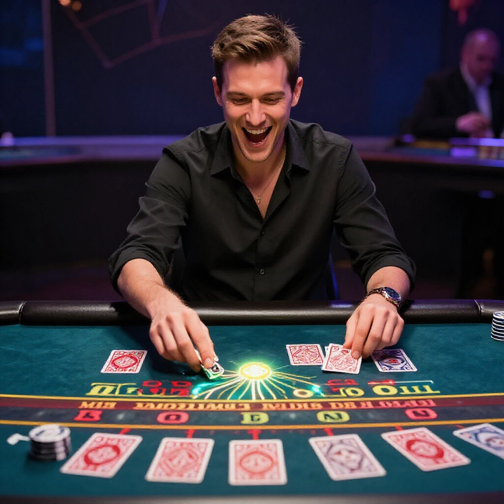 excited baccarat player at table with near miss, brain dopamine glow and cards around