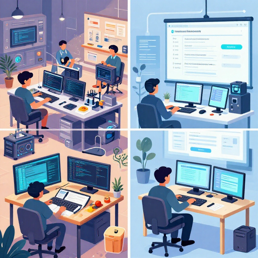 Split screen illustration showing R&D game developers coding engines and artists crafting assets on one side while proxy agents manage distribution channels and payment systems on the other in bustling Taiwan tech hubs