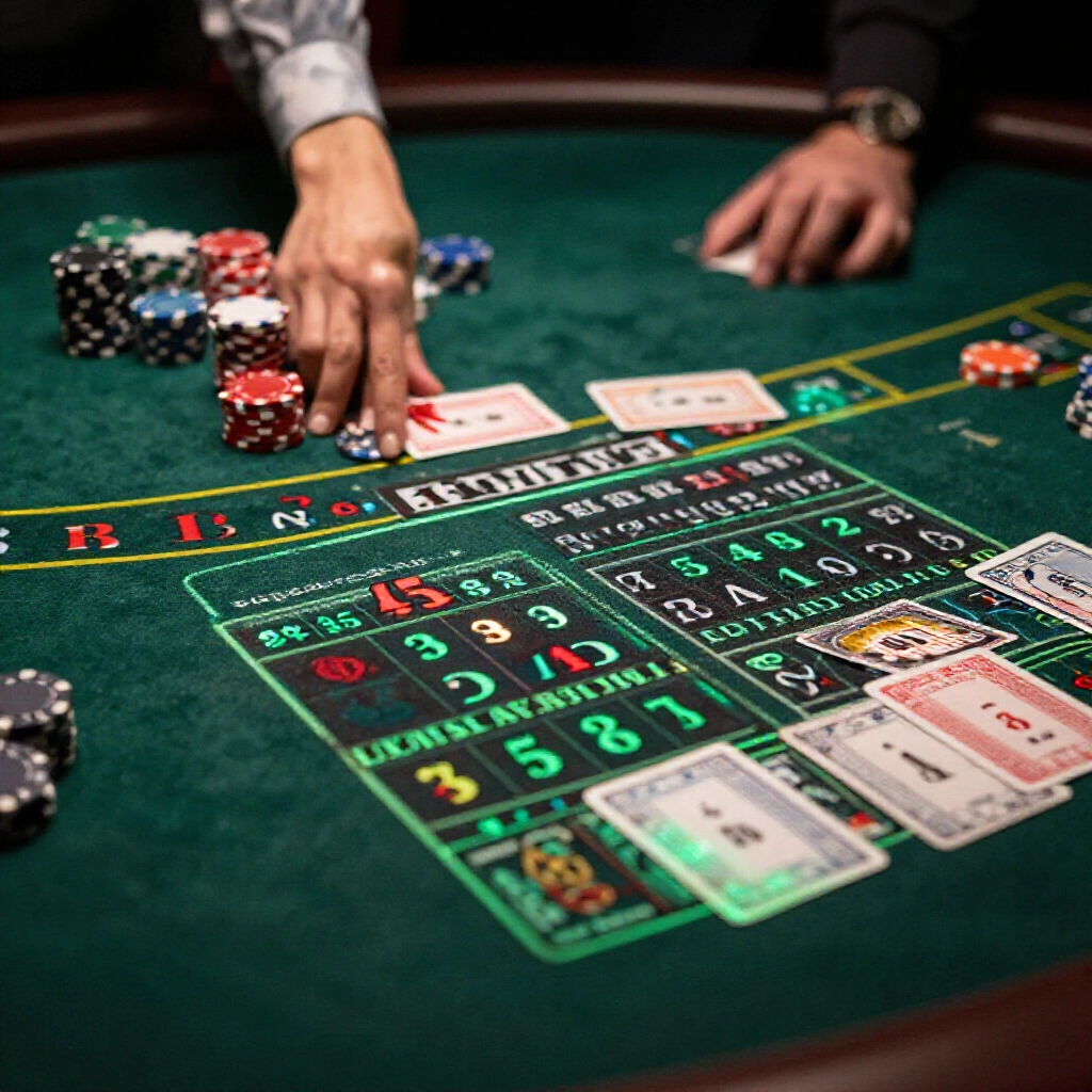 dimly lit casino table showing baccarat shoe, cards, chips and green charts of banker edge math