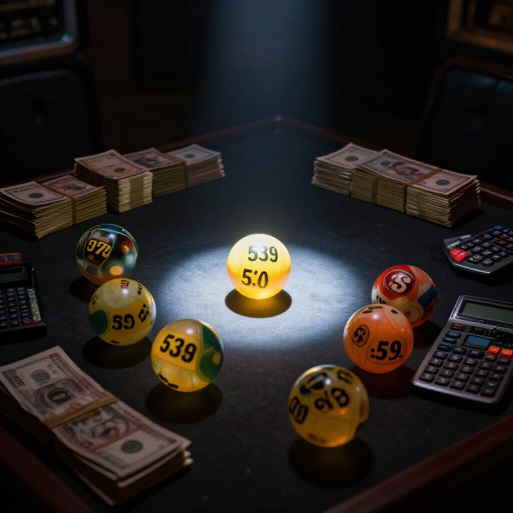 dimly lit underground lottery room with glowing 539 balls scattered on table one single ball highlighted in spotlight representing sit car bet surrounded by stacks of cash and calculators