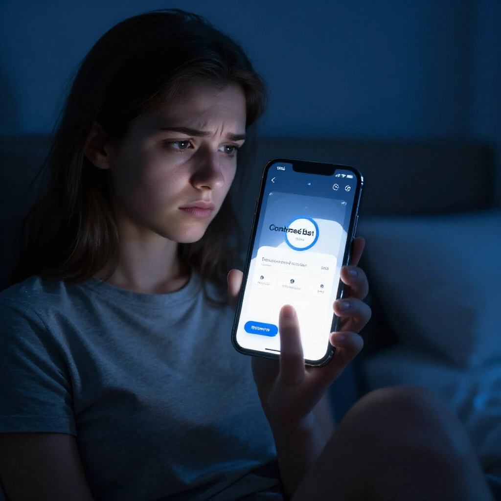 smartphone user staring regretfully at confirmed bet screen in dark room finger paused on submit button glowing app interface modern bedroom setting blue night light tense focused gaze