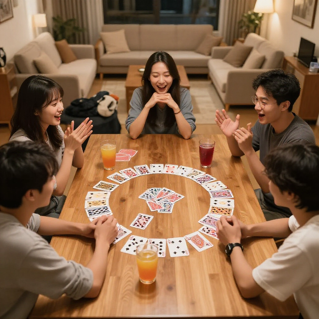 一群年輕人圍坐在溫馨台灣客廳的木桌旁,撲克牌在中間散成完美圓圈,旁邊彩色飲料,大家臉上滿是興奮,暖黃燈光灑落
