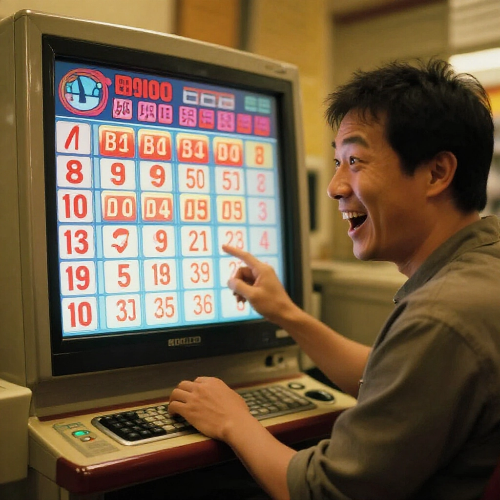 台灣投注站玩家興奮挑選四星彩號碼，螢幕閃爍正彩組彩圖示，溫暖燈光下充滿期待