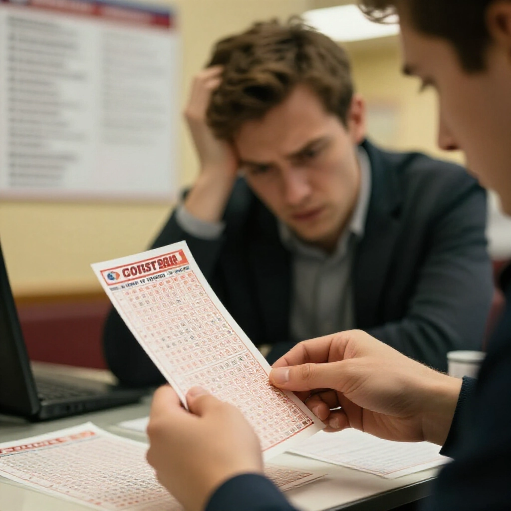 frustrated bettor holding sports lottery ticket examining print errors at betting station counter with rule charts in background tense atmosphere soft yellow lighting detailed ticket closeup